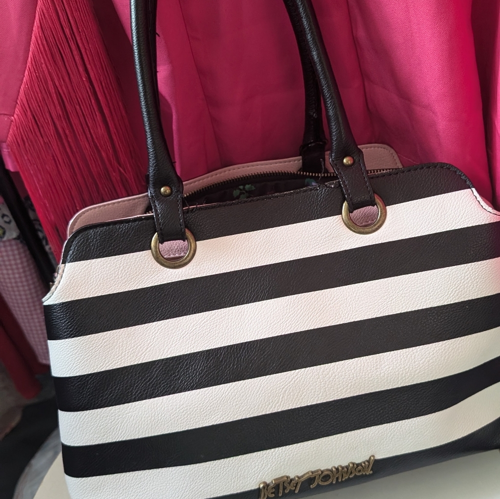 Betsey Johnson Black and White Striped Satchel - Picture 9 of 16